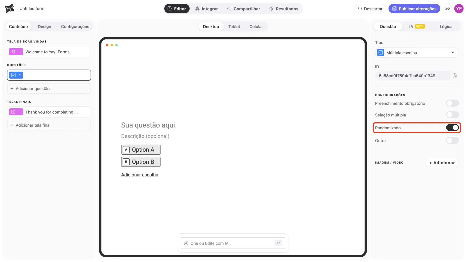 O toggle Randomizado em destaque nas configurações da pergunta