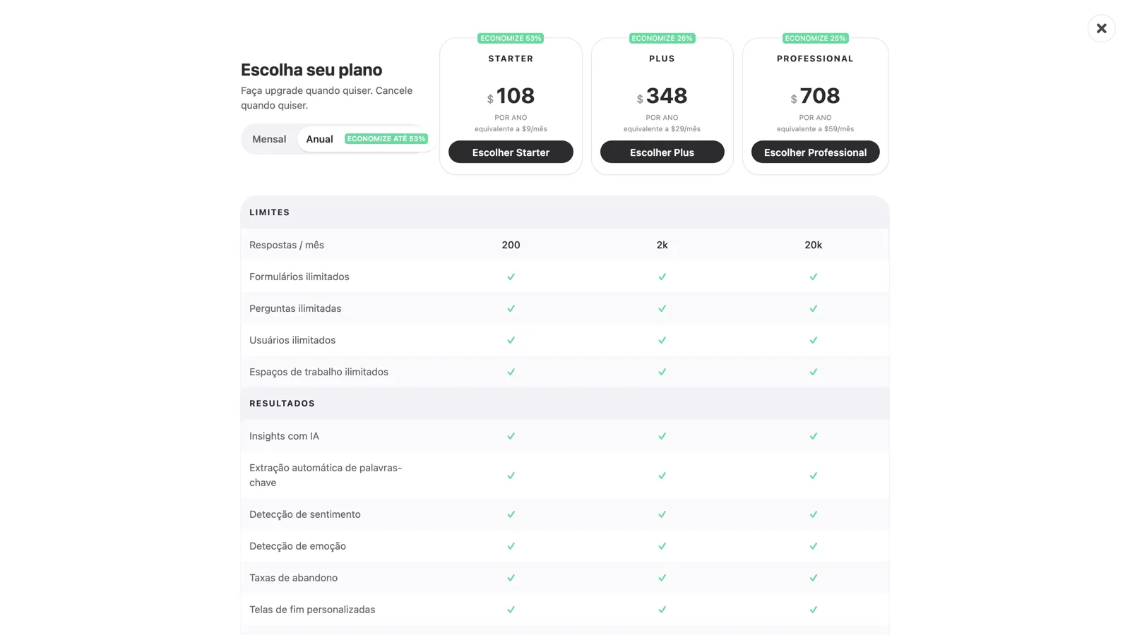 O seletor de planos com Starter, Plus e Professional