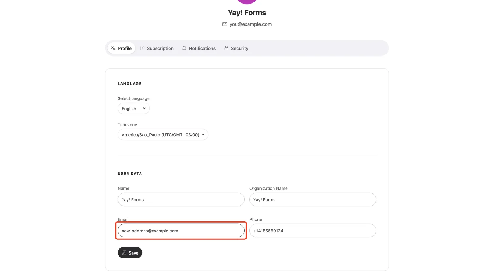 The User Data section with a new address in the Email field
