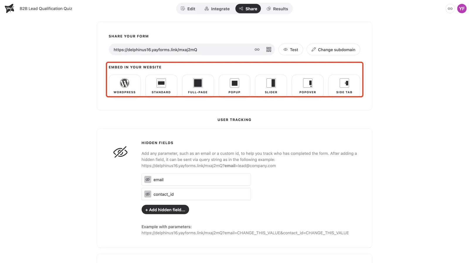 The Embed in your website options in the Share tab