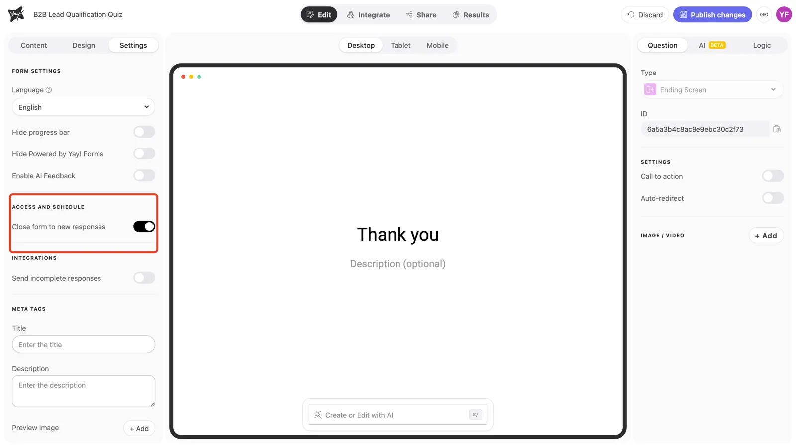 The Close form to new responses toggle in the Settings tab