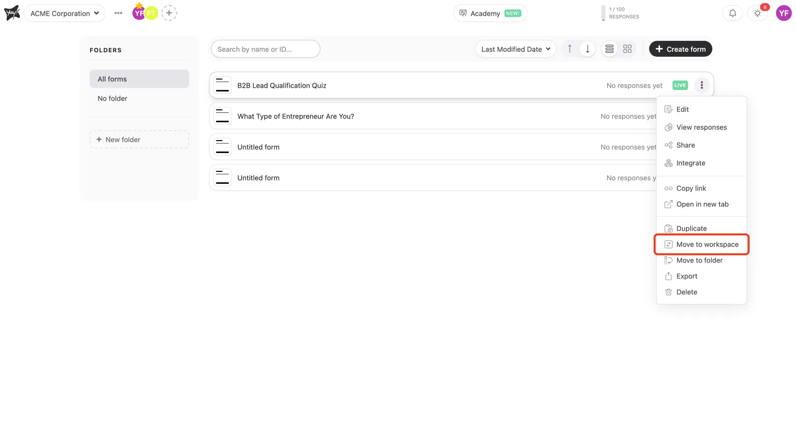 The Move to workspace option in the form menu