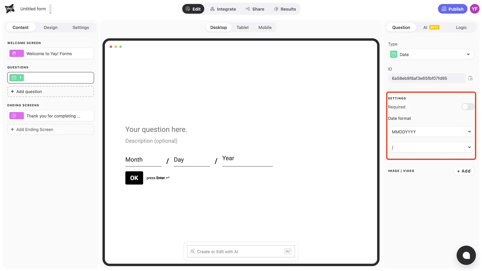 The Settings section of the question panel highlighted