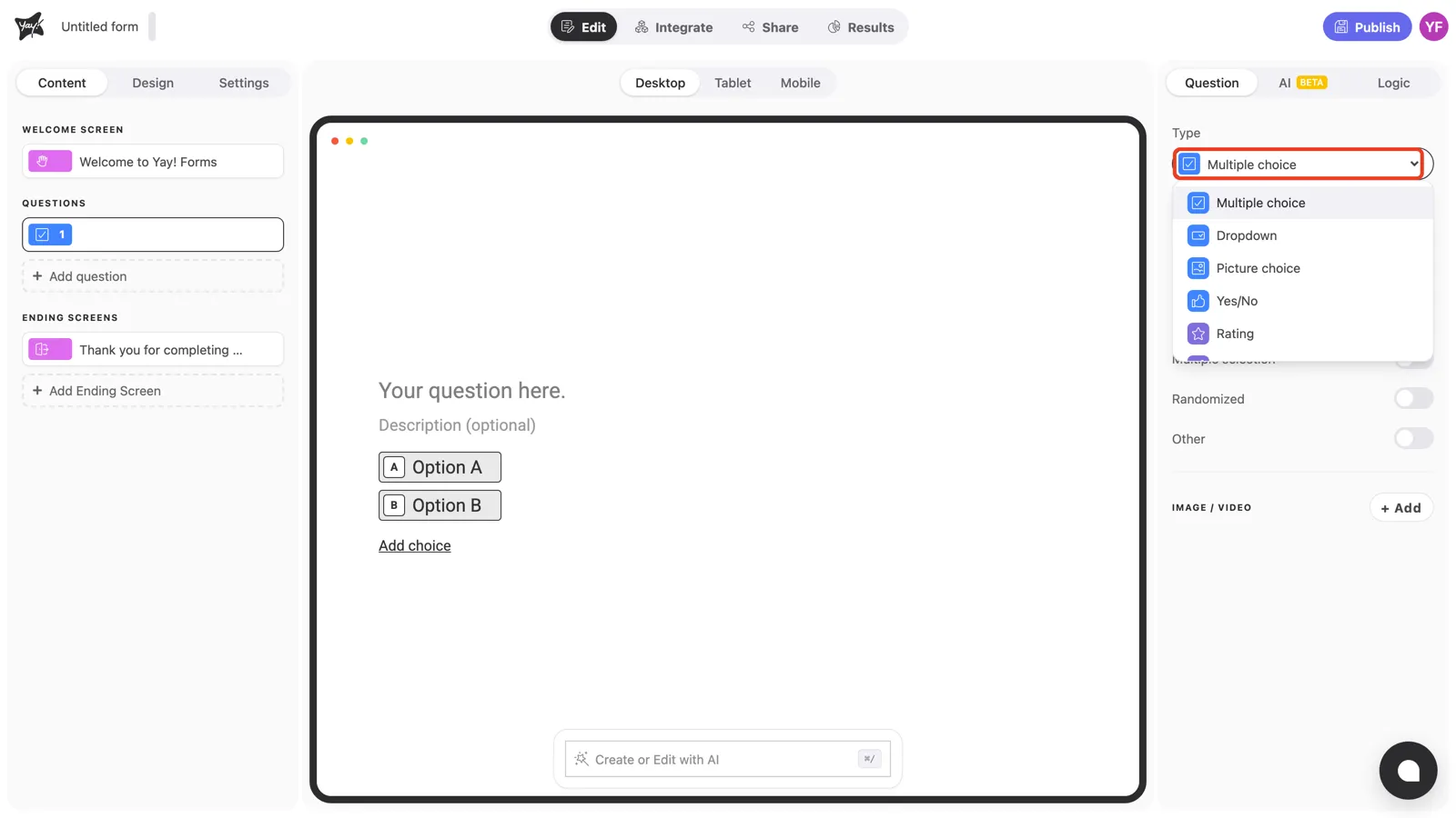 The Type dropdown open in the question panel