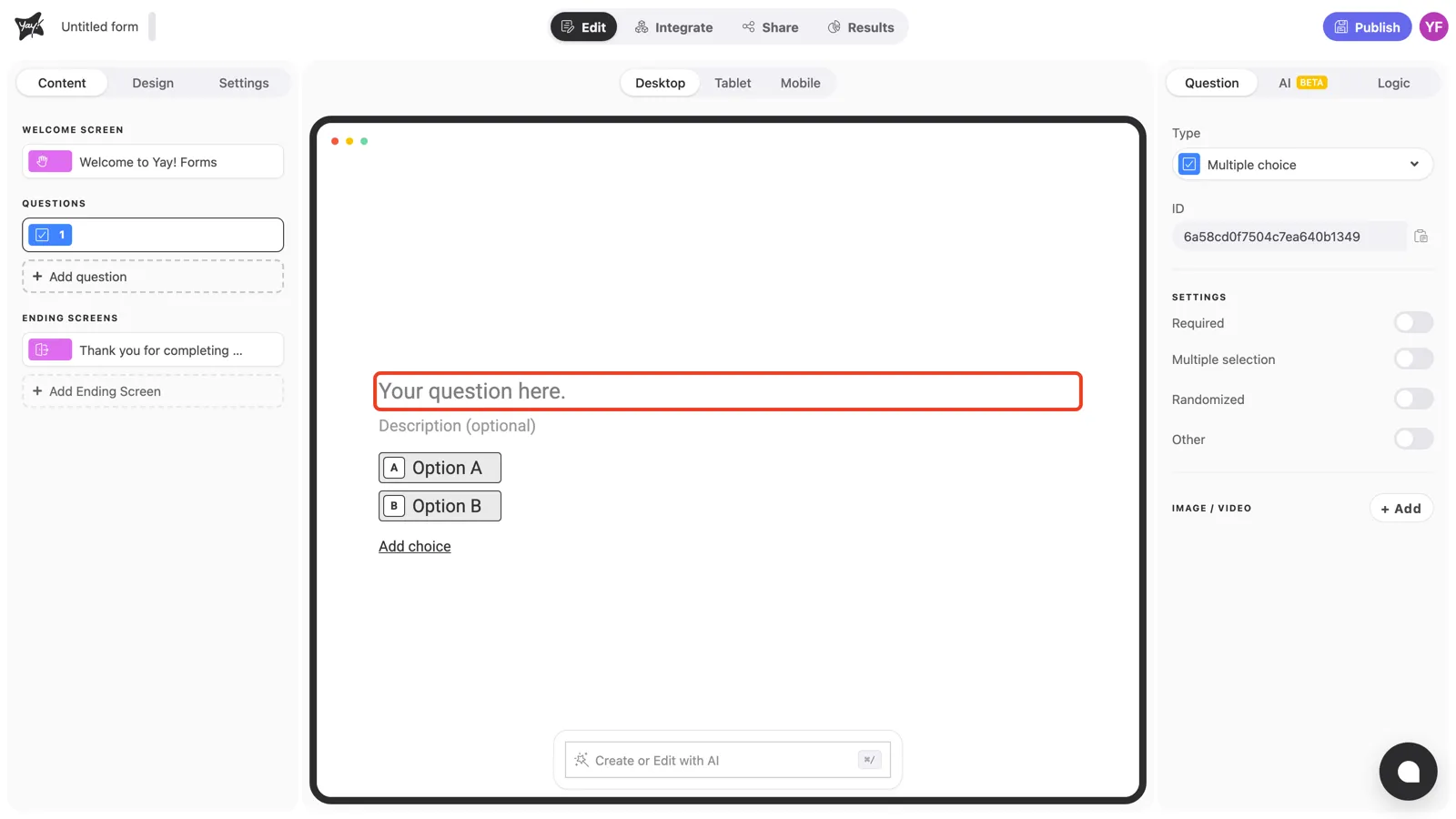 The question text field highlighted in the canvas