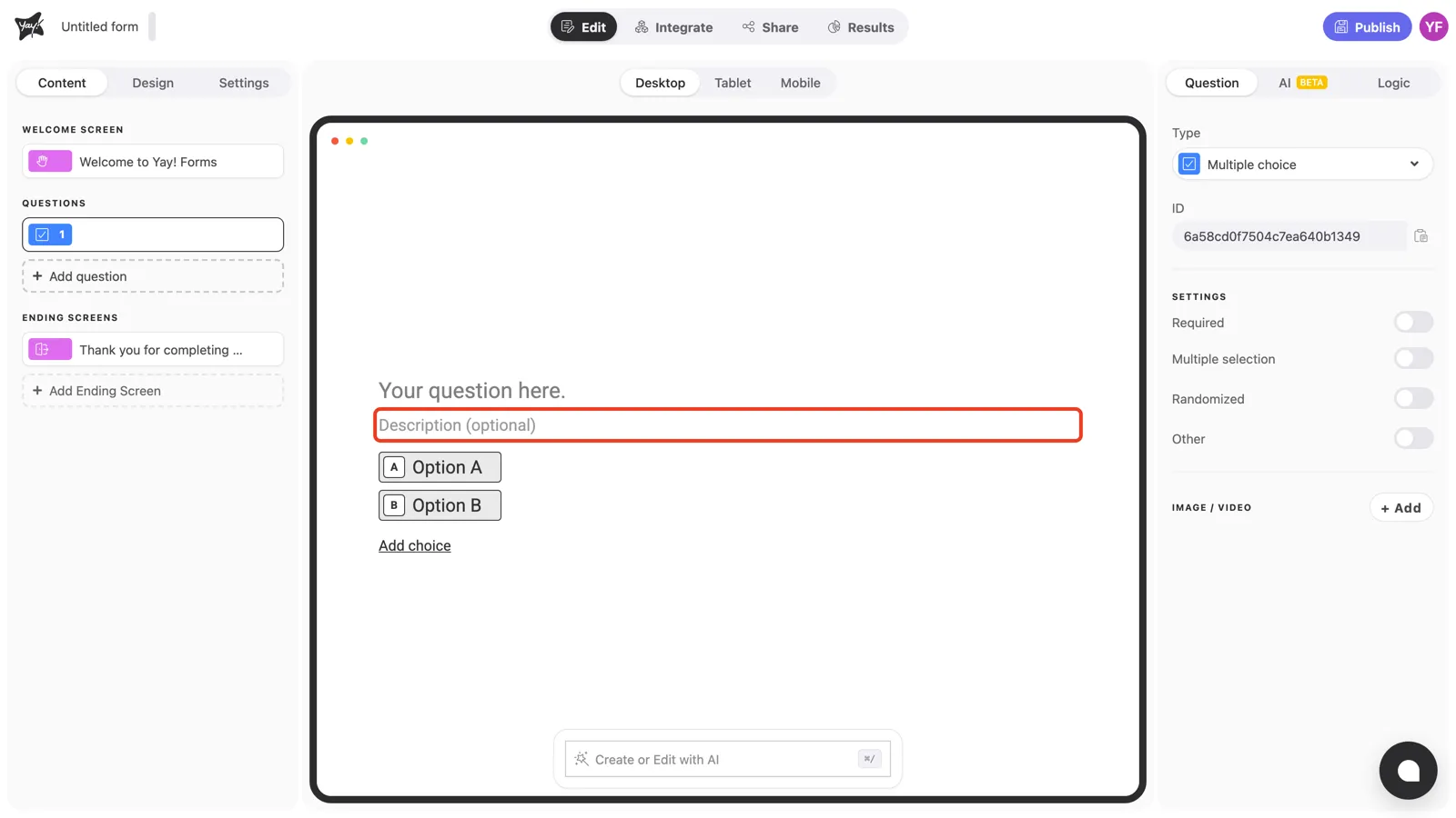 The optional description field highlighted in the canvas