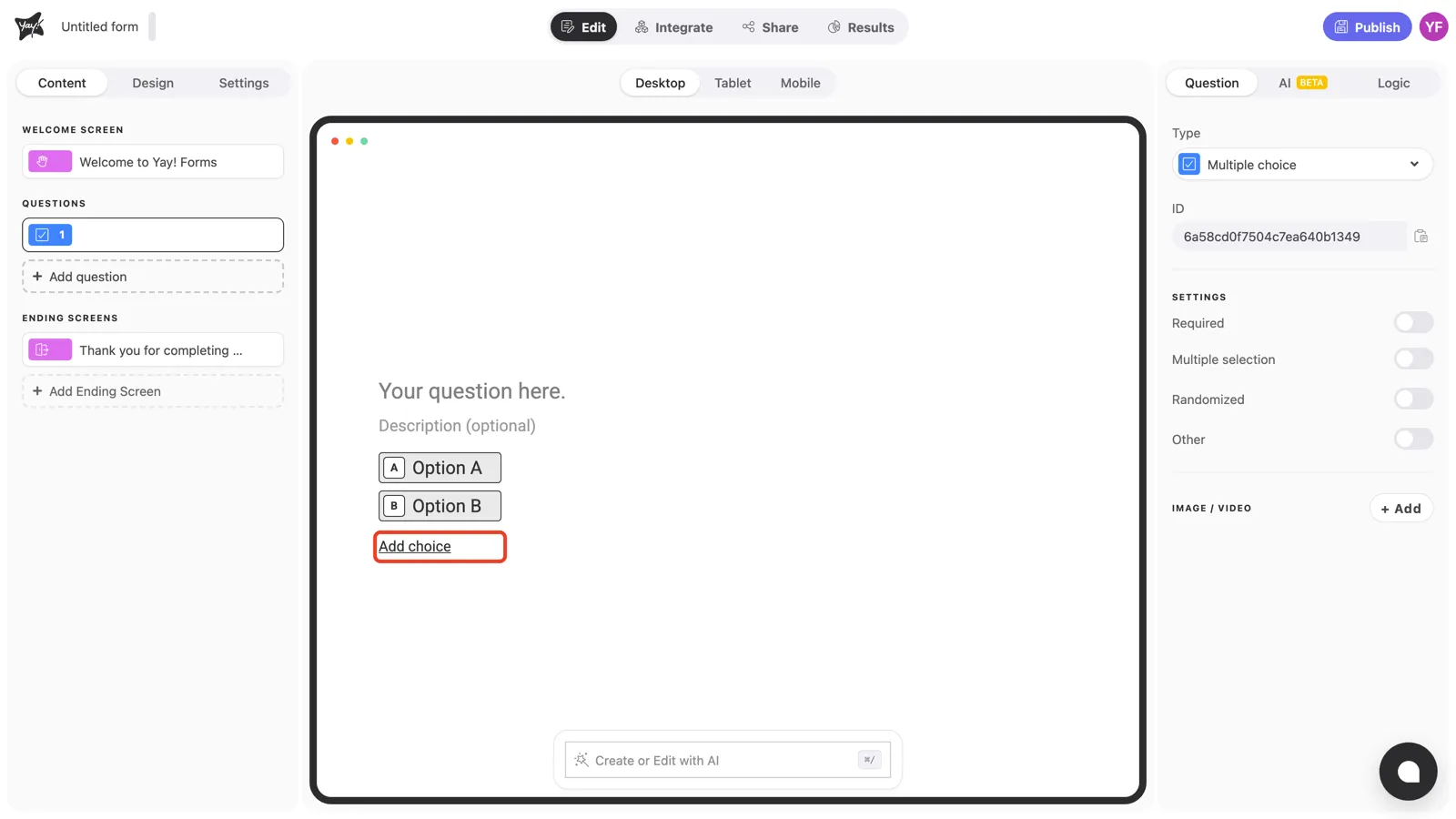 The Add choice button highlighted in the canvas
