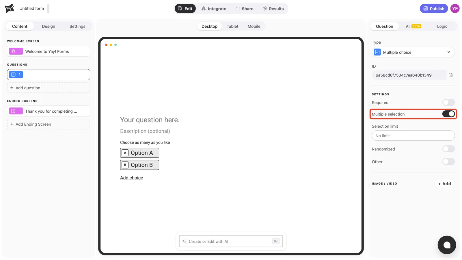 The Multiple selection toggle on, with the Selection limit field below it