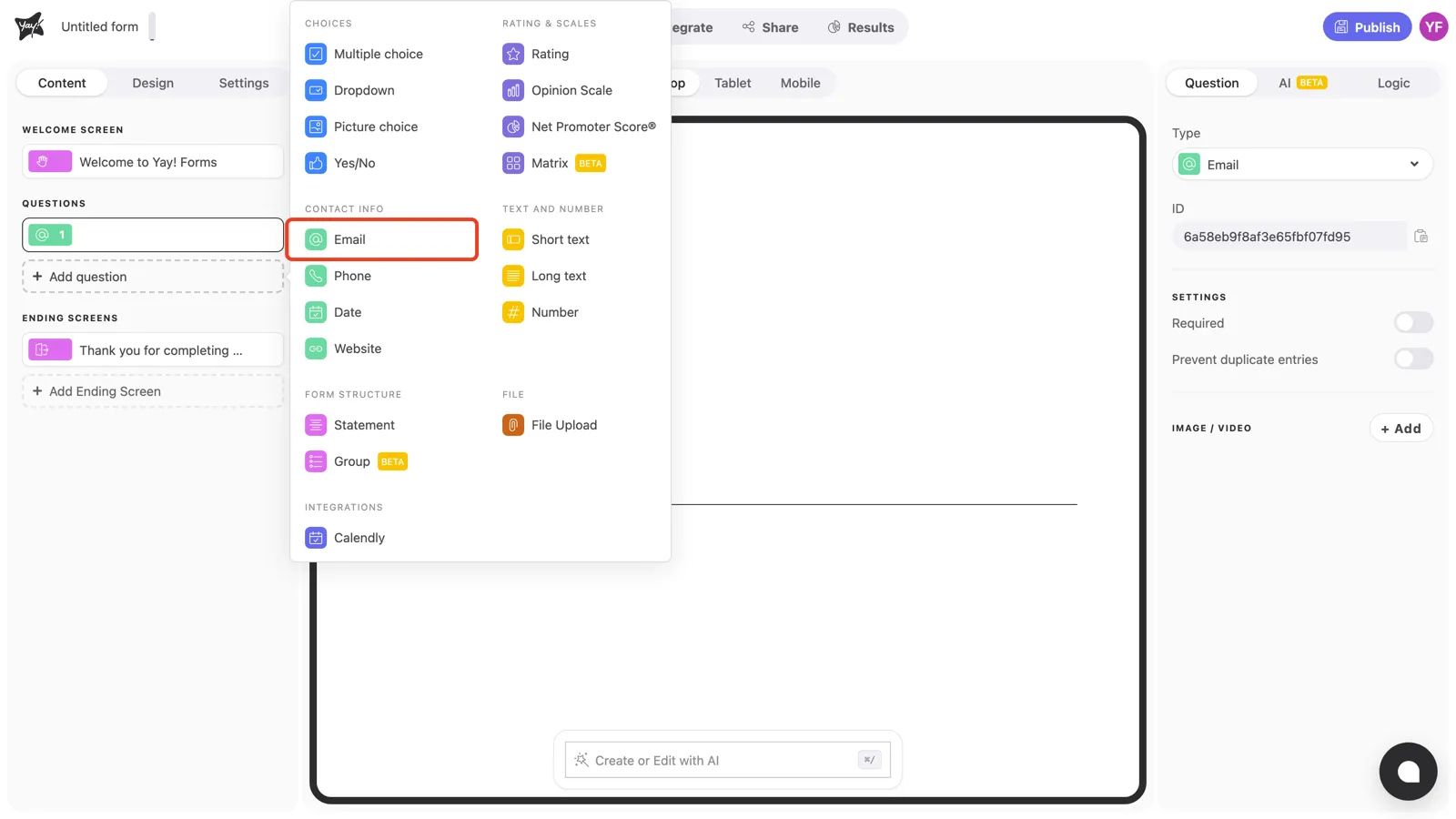 The question type menu with Email highlighted