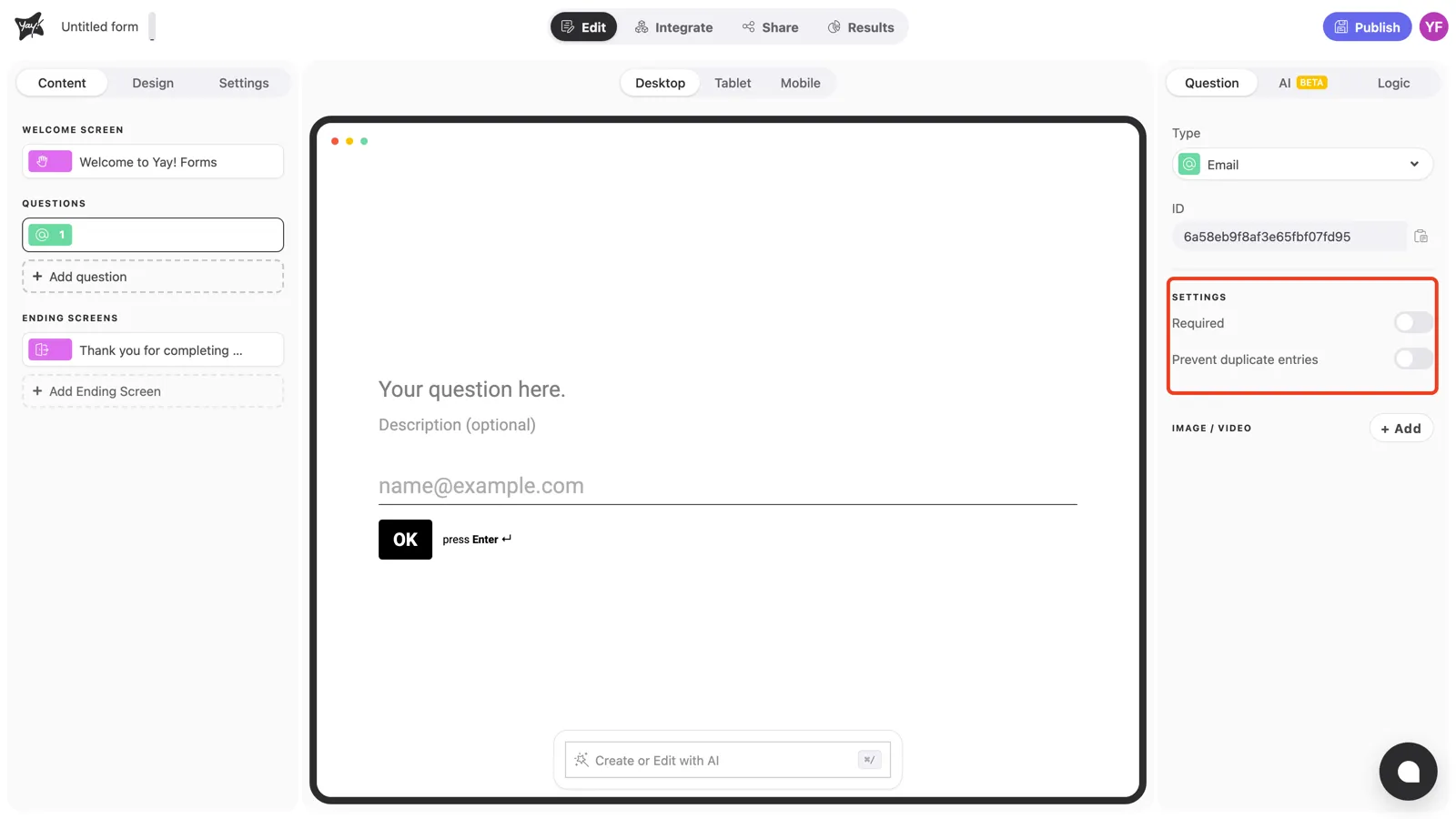 The Settings section of the question panel highlighted