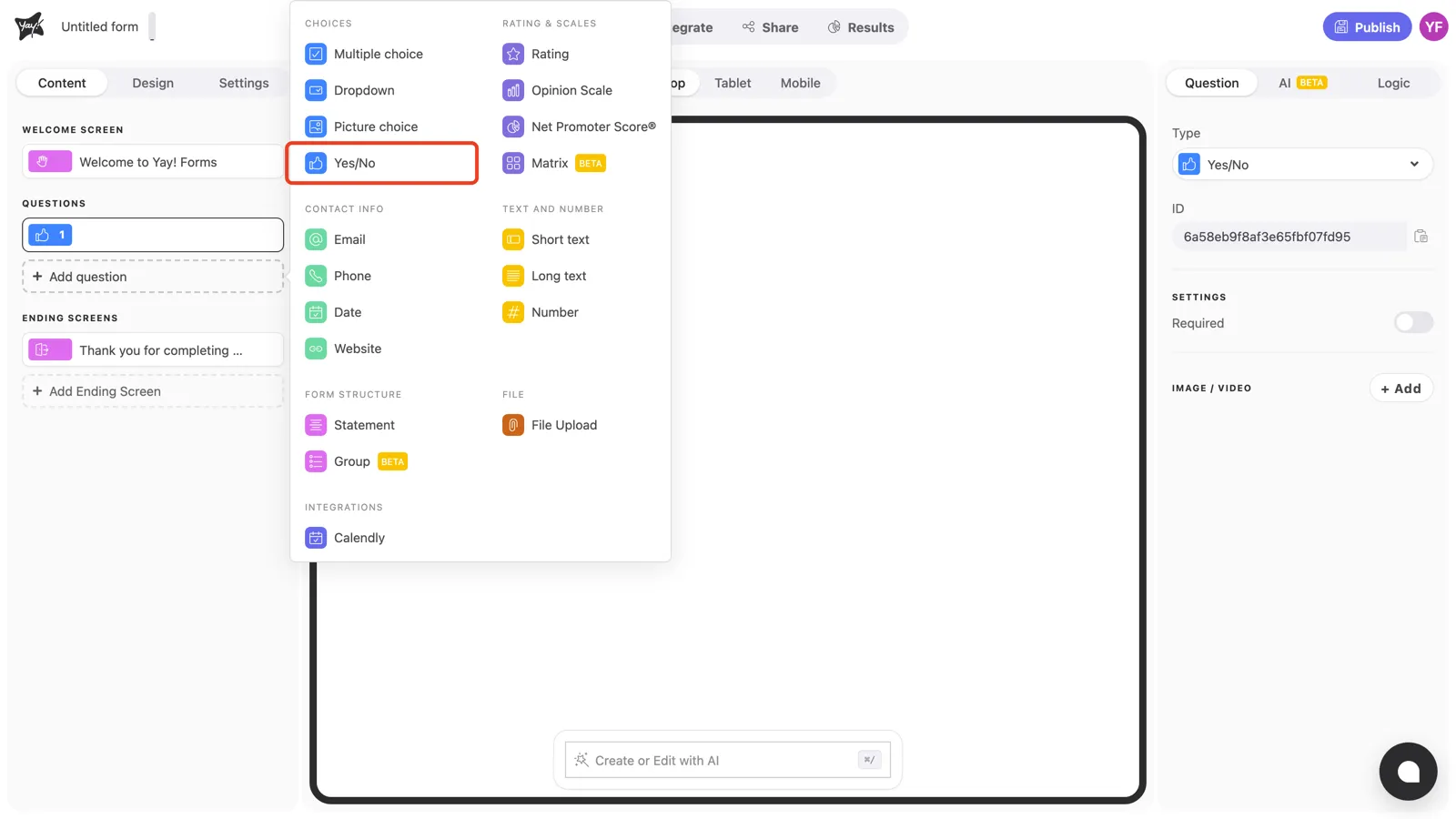 The question type menu with Yes/No highlighted