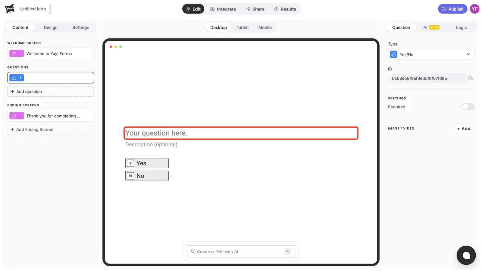 The question text field highlighted in the canvas