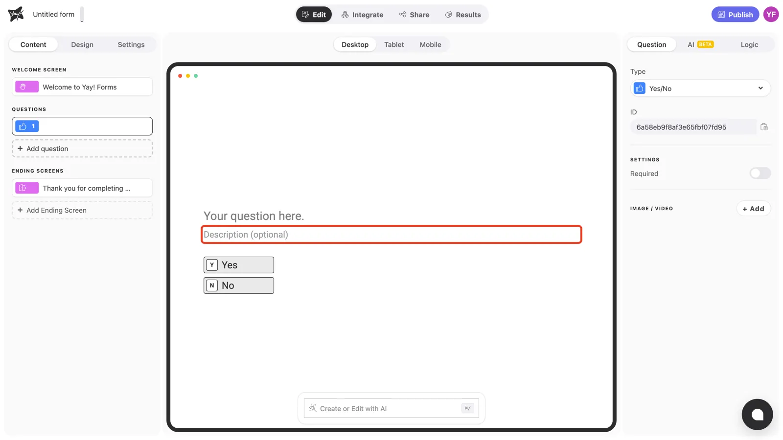 The optional description field highlighted in the canvas