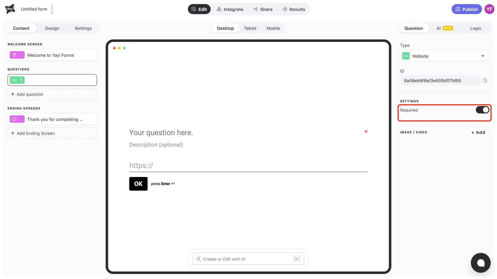 The Required toggle on in the question settings