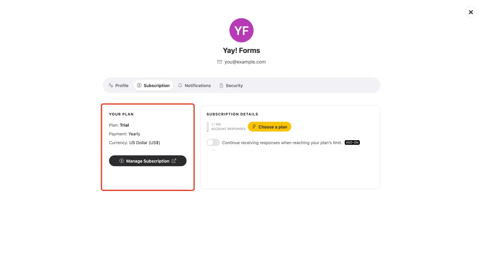 The Your Plan card with the Manage Subscription button