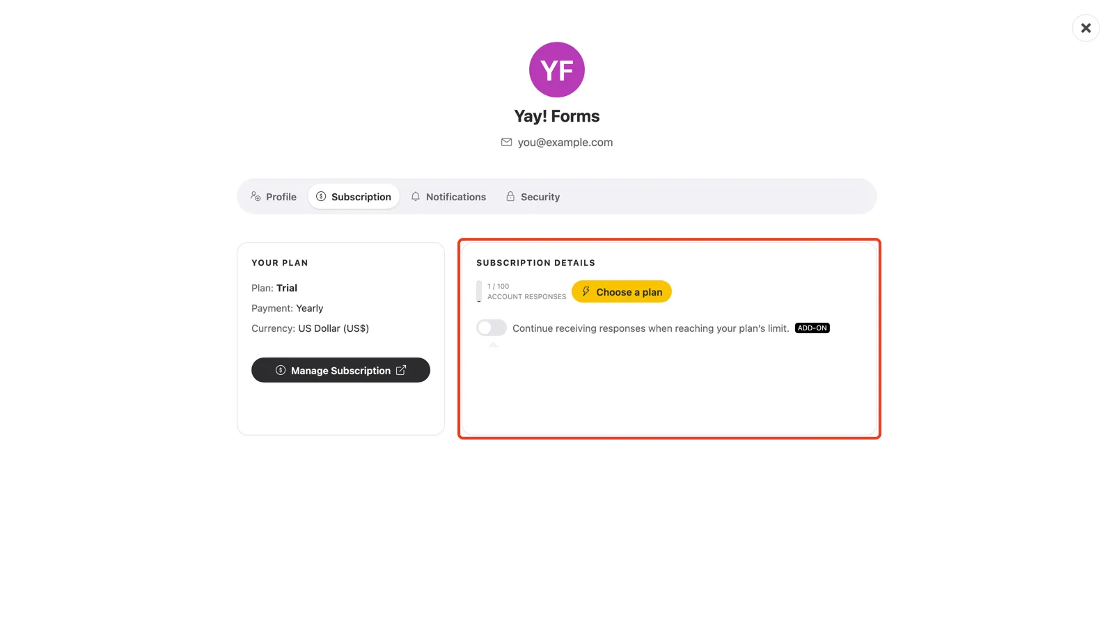 The additional-responses add-on in the Subscription details card