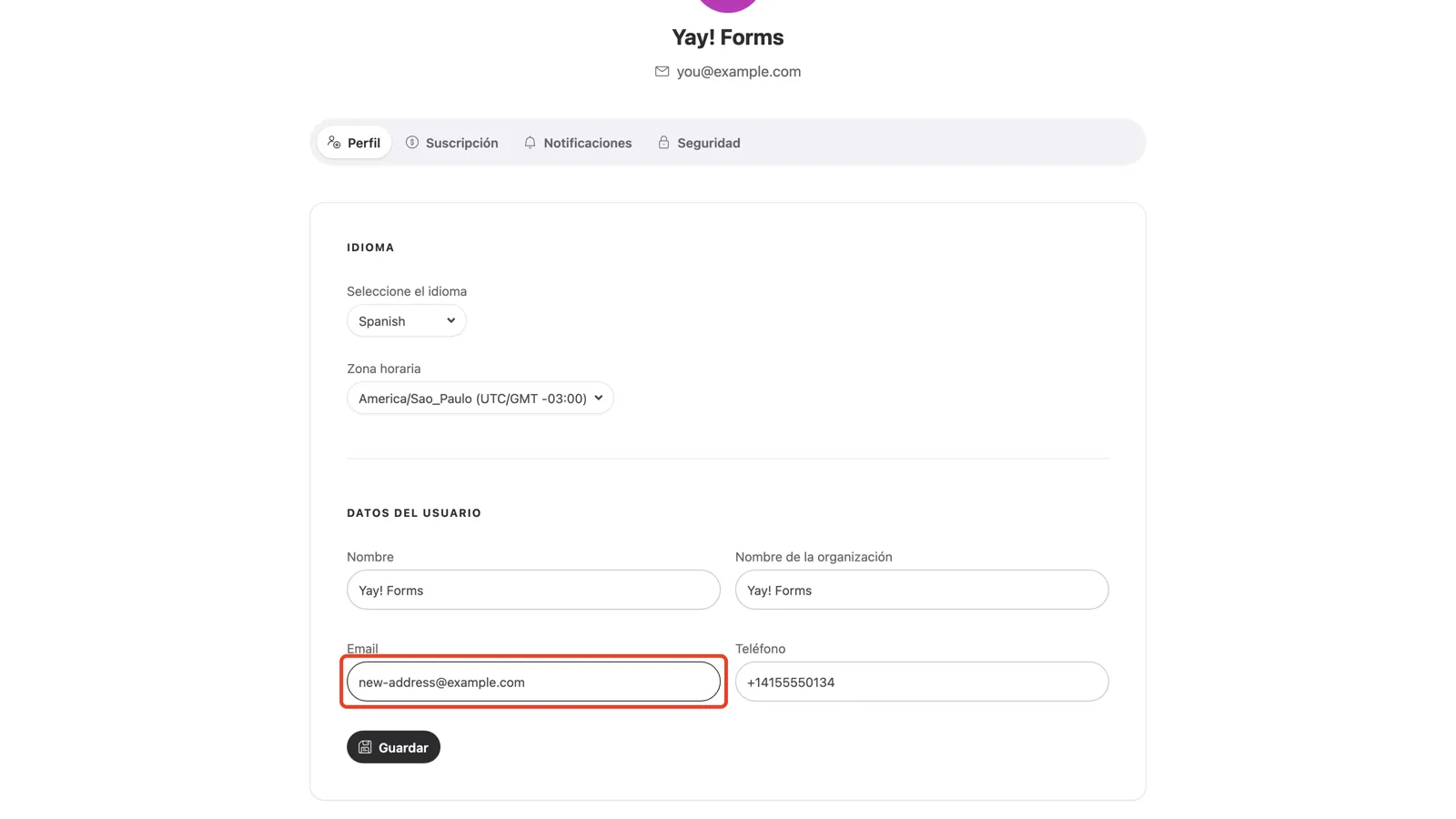 La sección Datos del Usuario con una nueva dirección en el campo Email