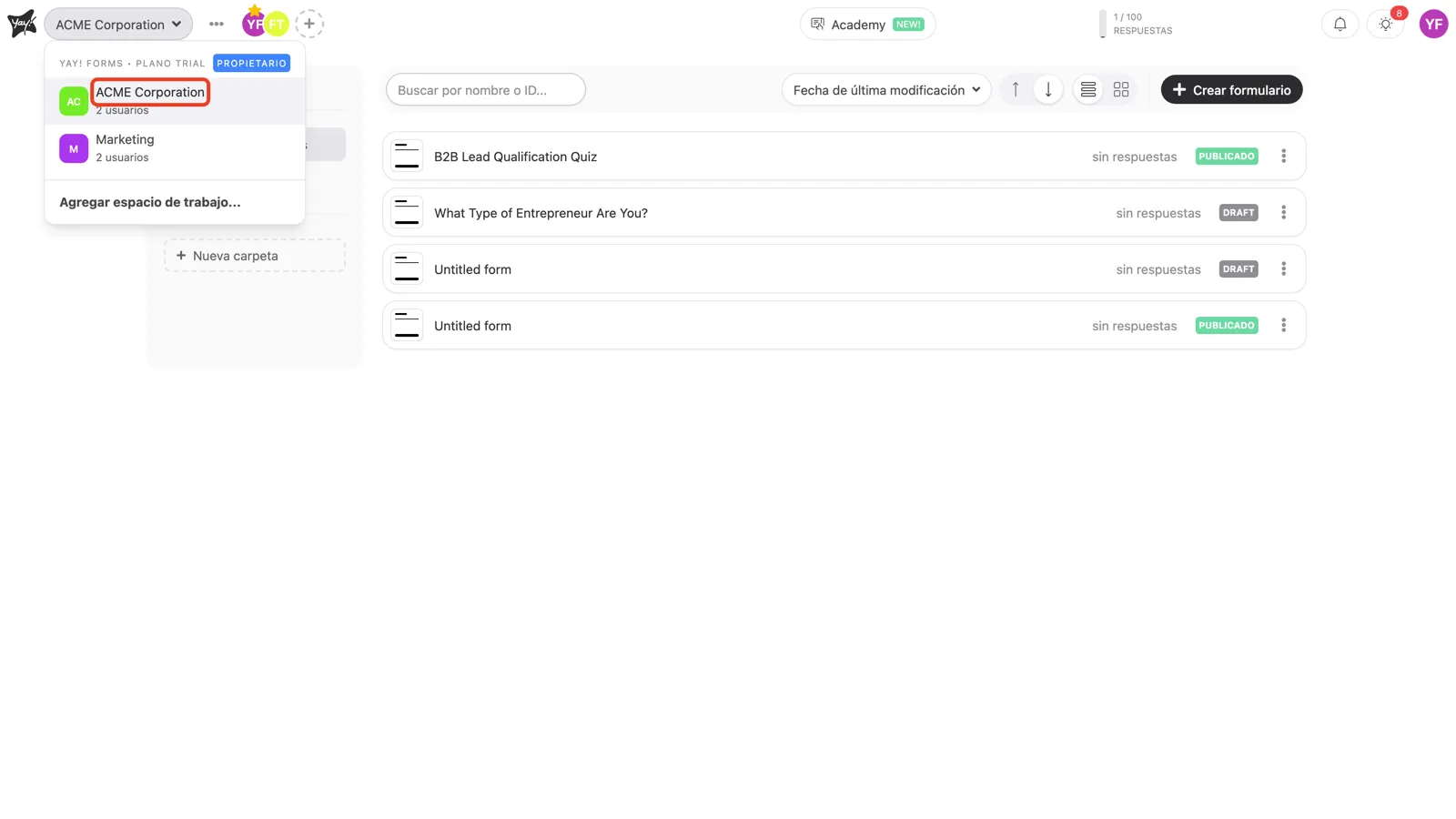 El selector de workspaces con un espacio de trabajo seleccionado