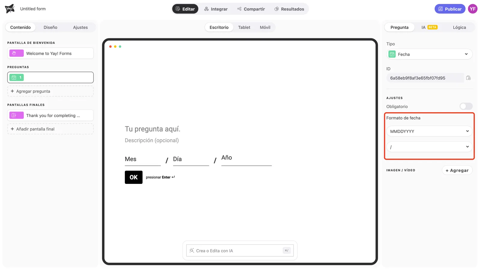 Los menús desplegables de Formato de fecha resaltados en la configuración de la pregunta