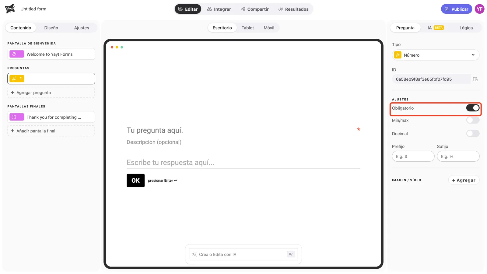El toggle Obligatorio activado en la configuración de la pregunta