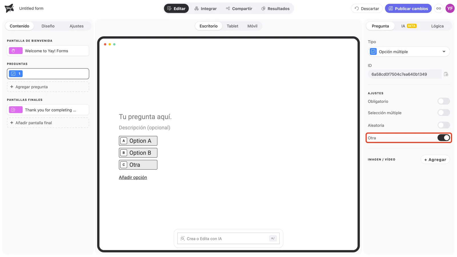 El toggle Otra activado, con la opción Otra visible en el lienzo