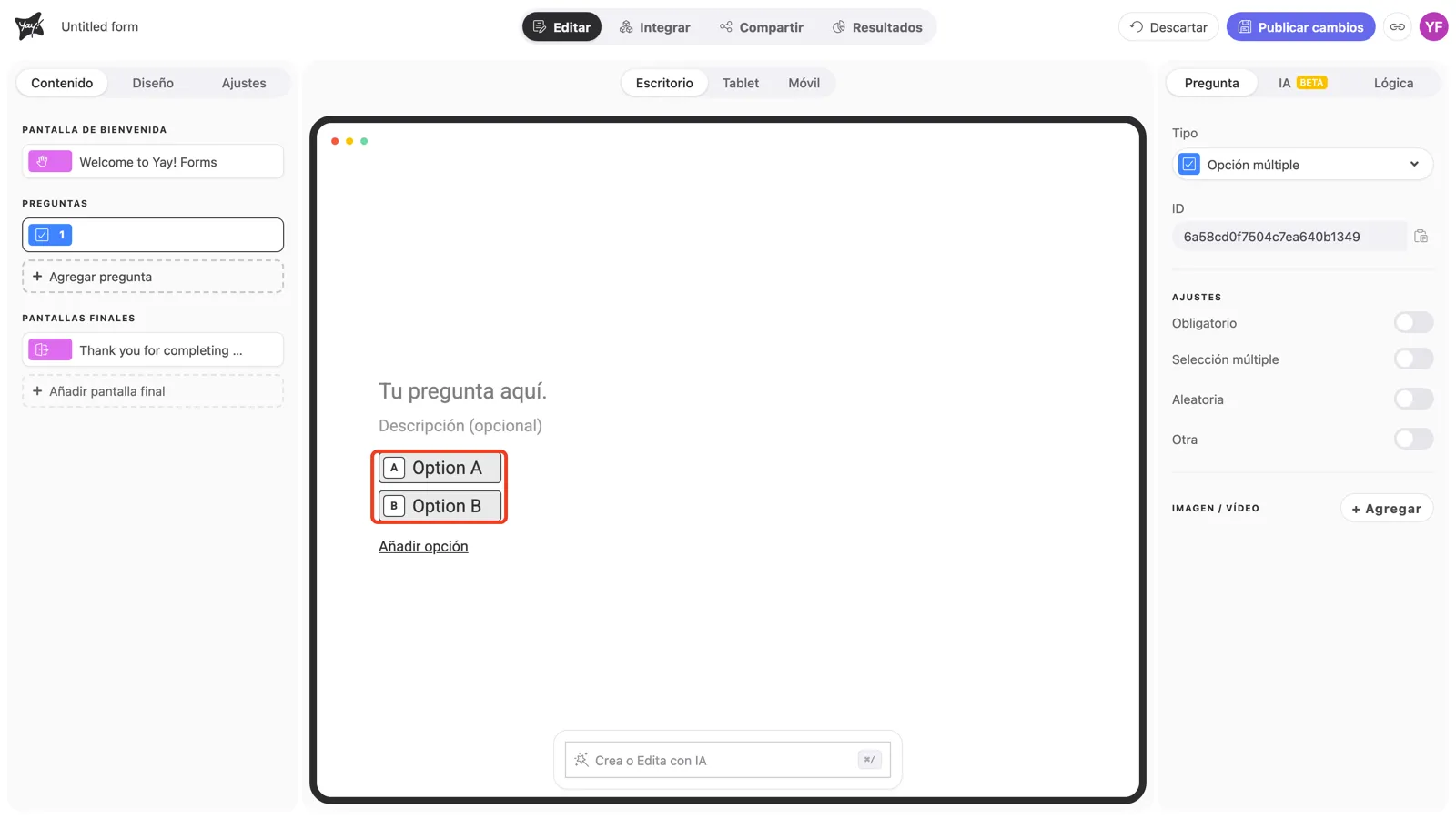 Las opciones de respuesta resaltadas en el lienzo