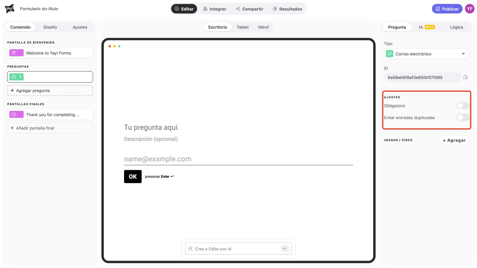 La sección Ajustes del panel de la pregunta resaltada