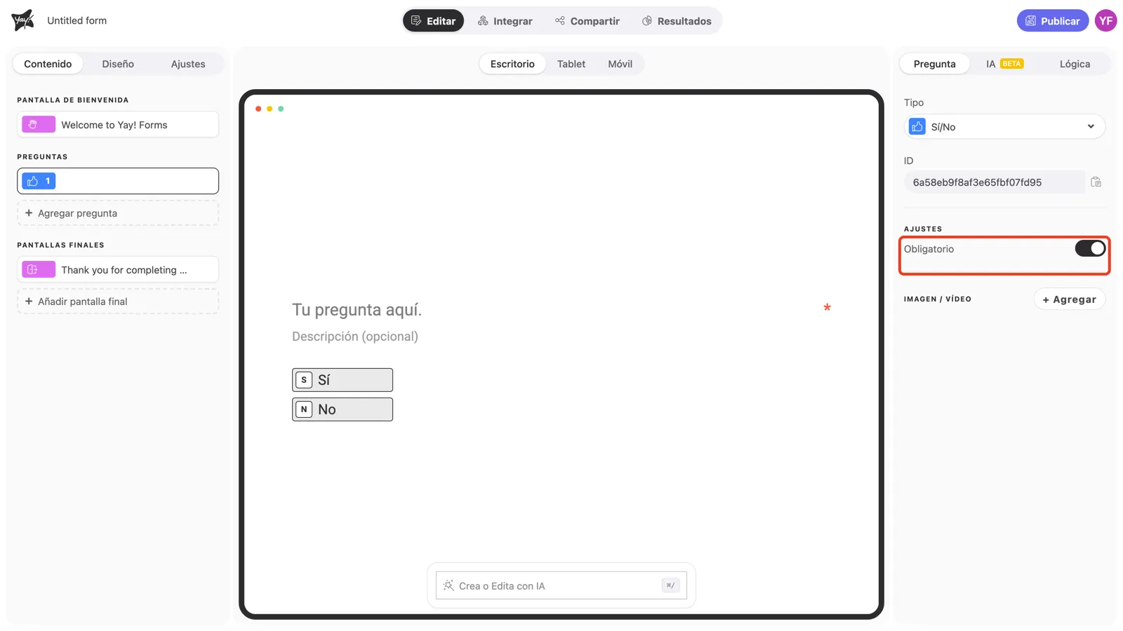 El toggle Obligatorio activado y la pregunta con los botones Sí y No en el lienzo