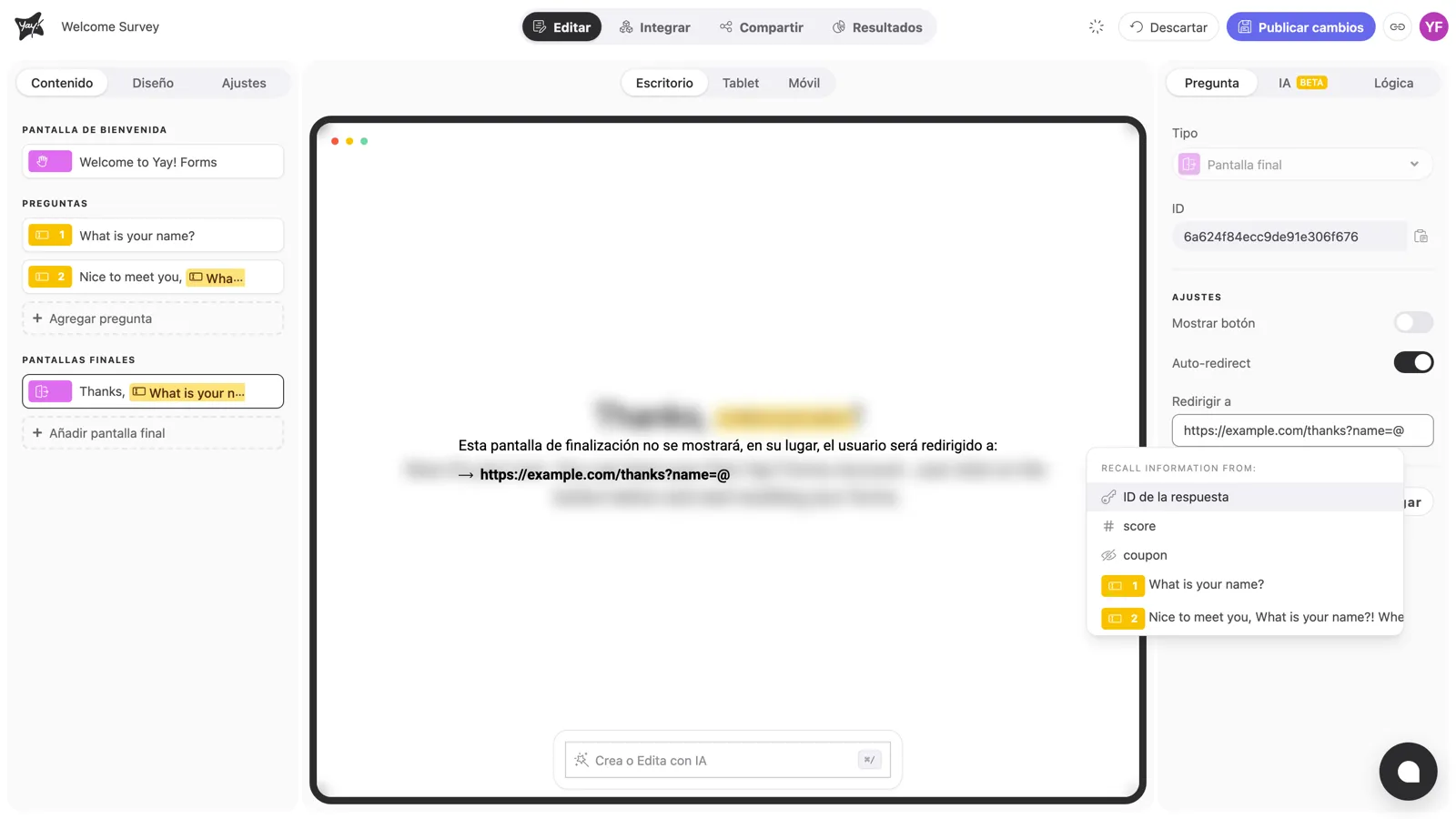 El campo Redirigir a con el Auto-redirect activado, la URL https://example.com/thanks?name=@ escrita y el menú de menciones abierto