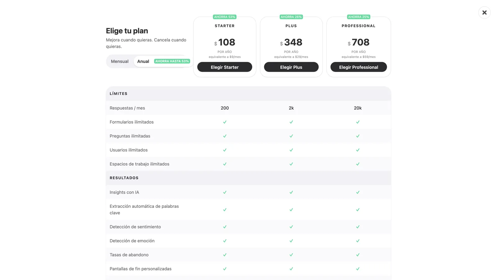 El selector de planes con Starter, Plus y Professional