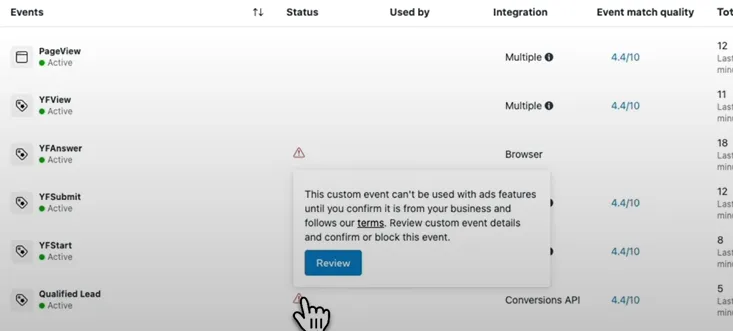 An event in Events Manager showing the review prompt to confirm a custom event