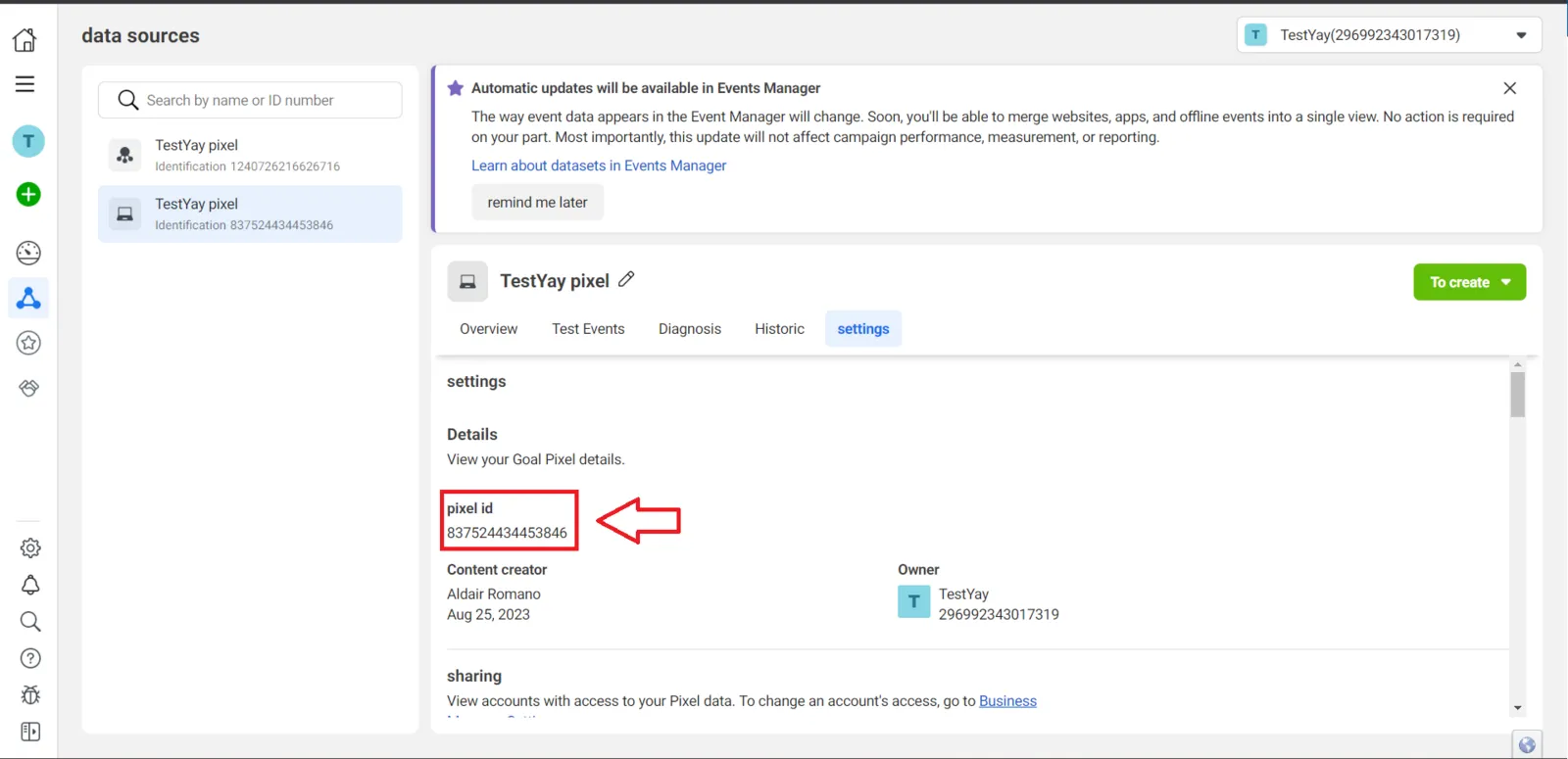 The pixel ID in the Settings tab of Facebook Events Manager