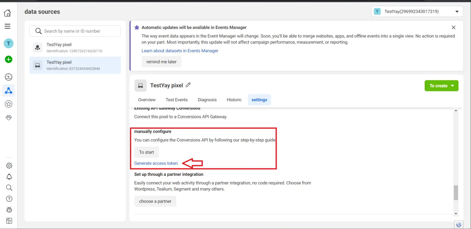 The Generate access token link in the Conversions API section