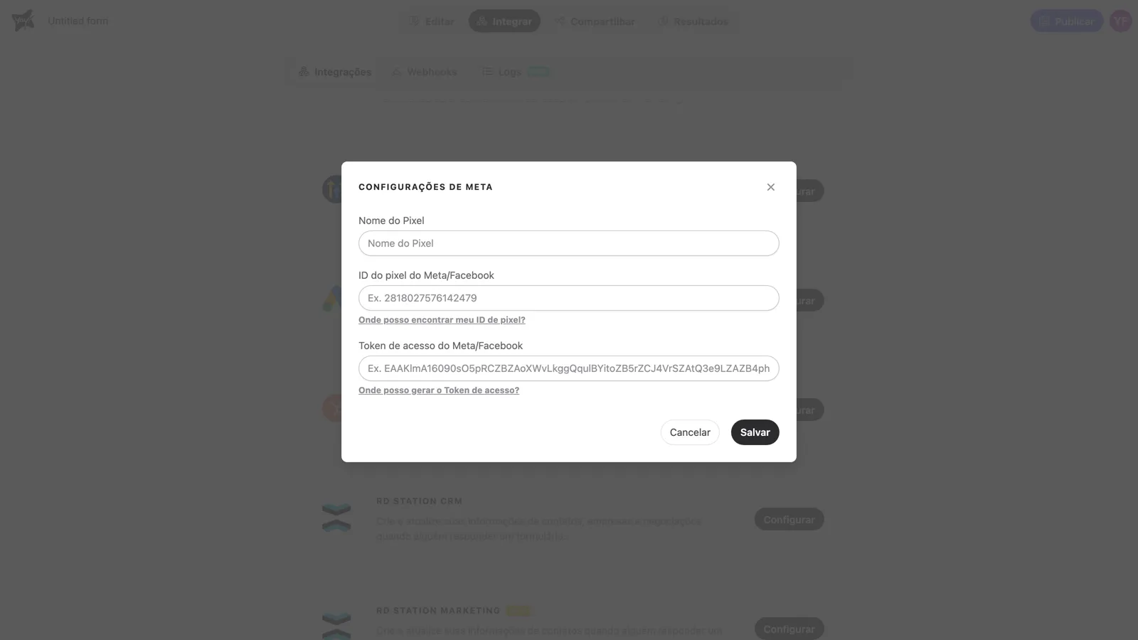 O formulário Configurações de Meta com os campos Nome do Pixel, ID do pixel e Token de acesso