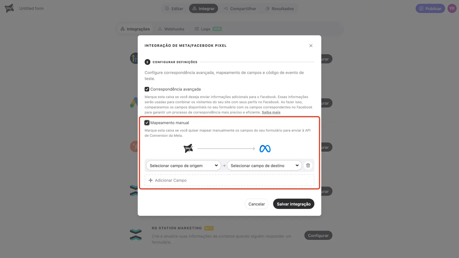 Mapeamento manual ativado, mostrando uma linha de mapeamento e o botão Adicionar Campo