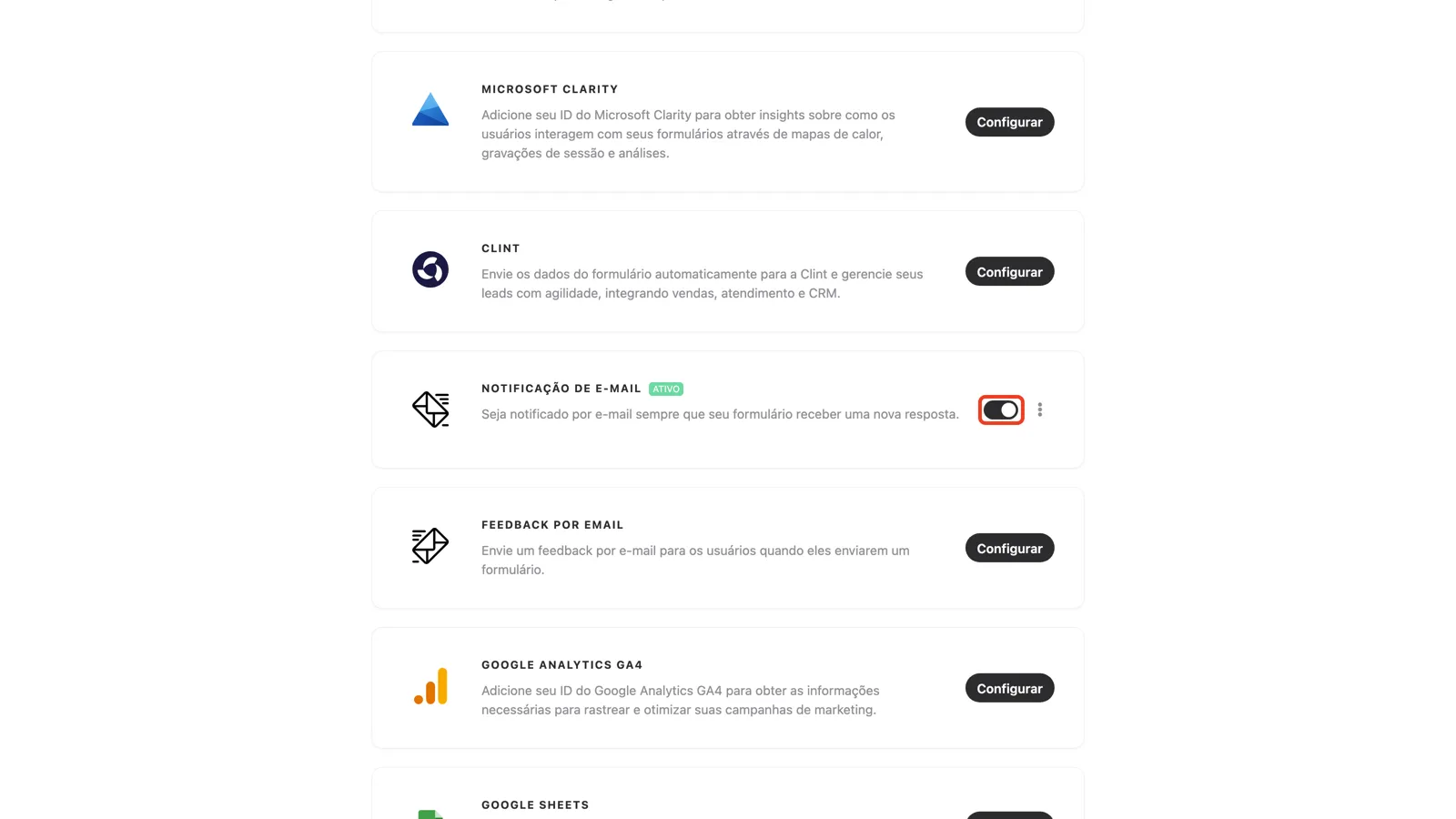 O toggle de ativação da integração
