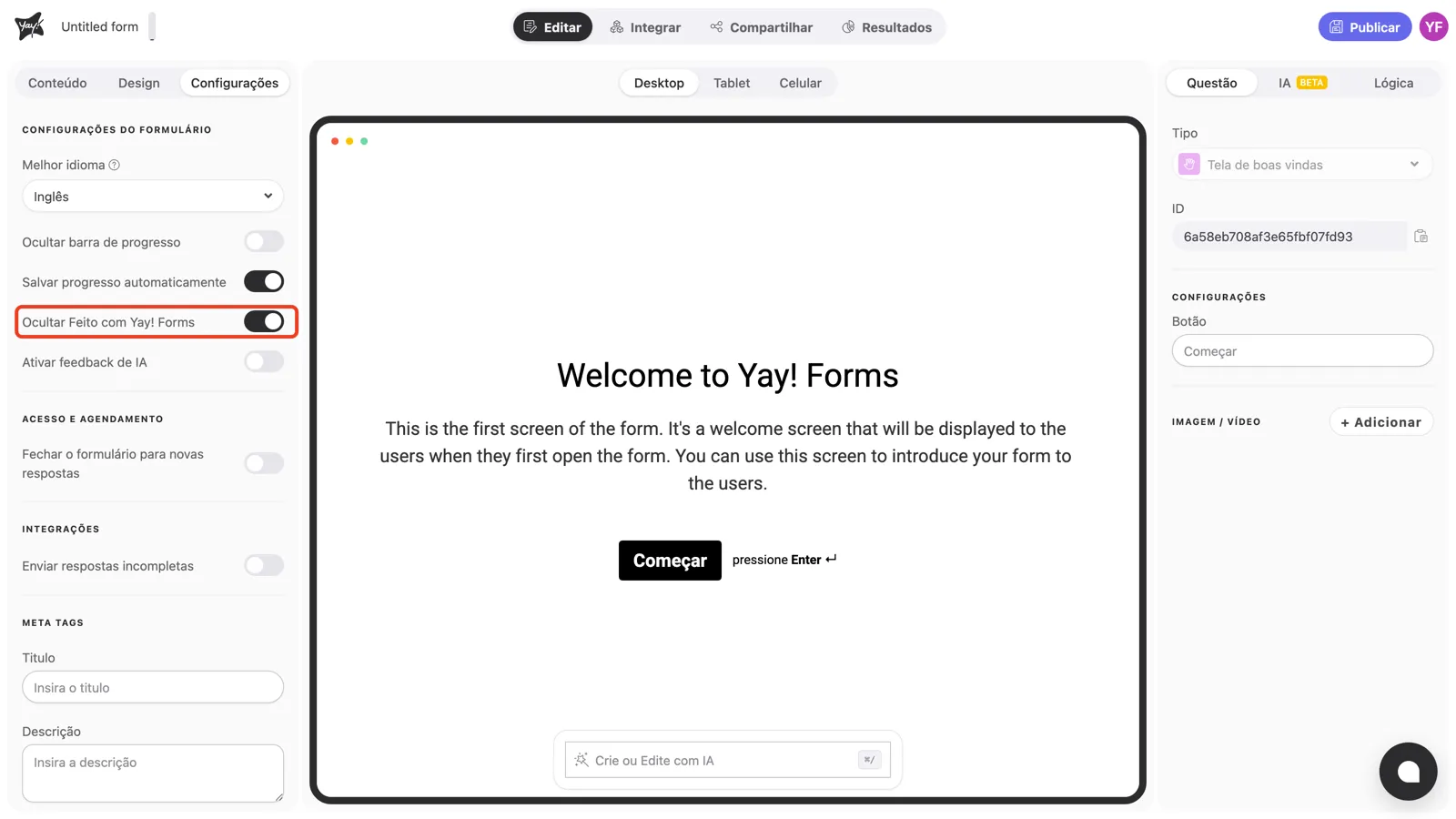 O toggle Ocultar Feito com Yay! Forms ativado nas configurações do formulário