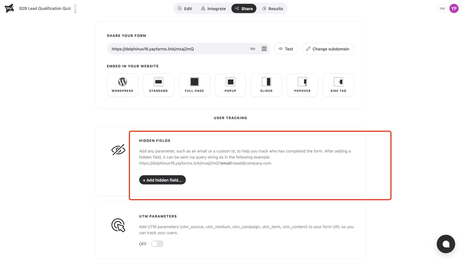The Hidden fields section on the Share tab