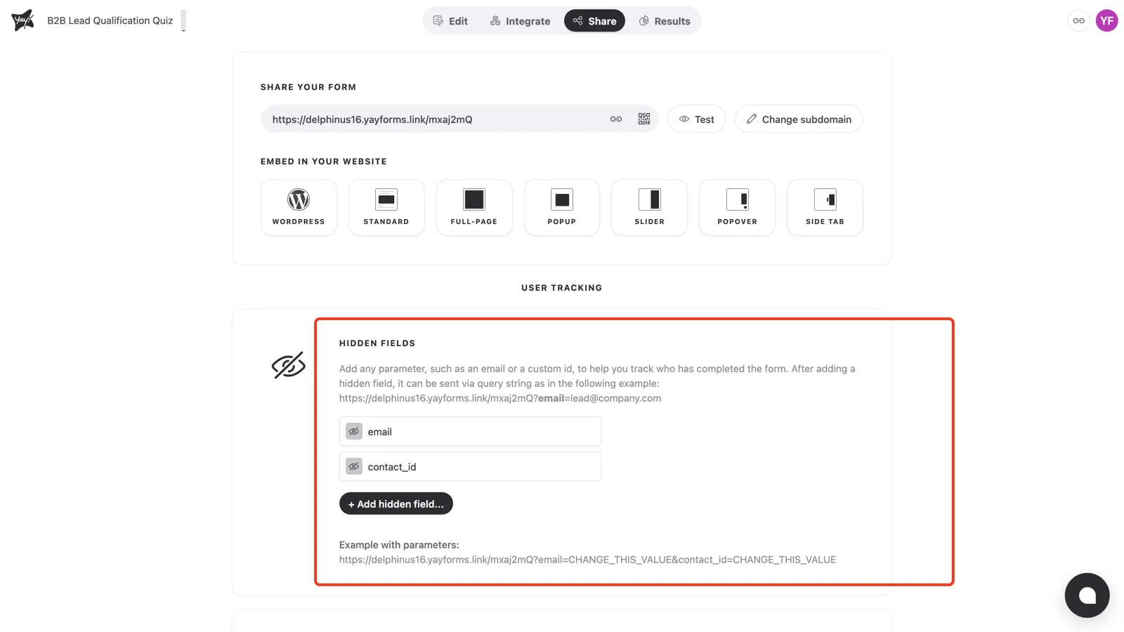 Two hidden fields, email and contact_id, with the example URL below