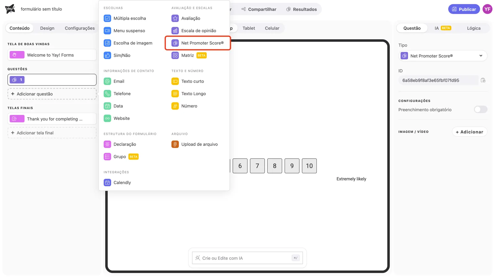 O menu de tipos de pergunta com Net Promoter Score® em destaque