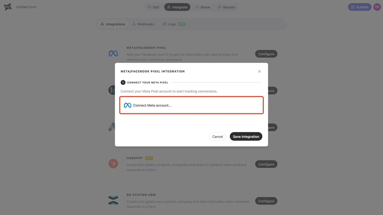 Step 1 of the integration modal, with the Connect Meta account option highlighted
