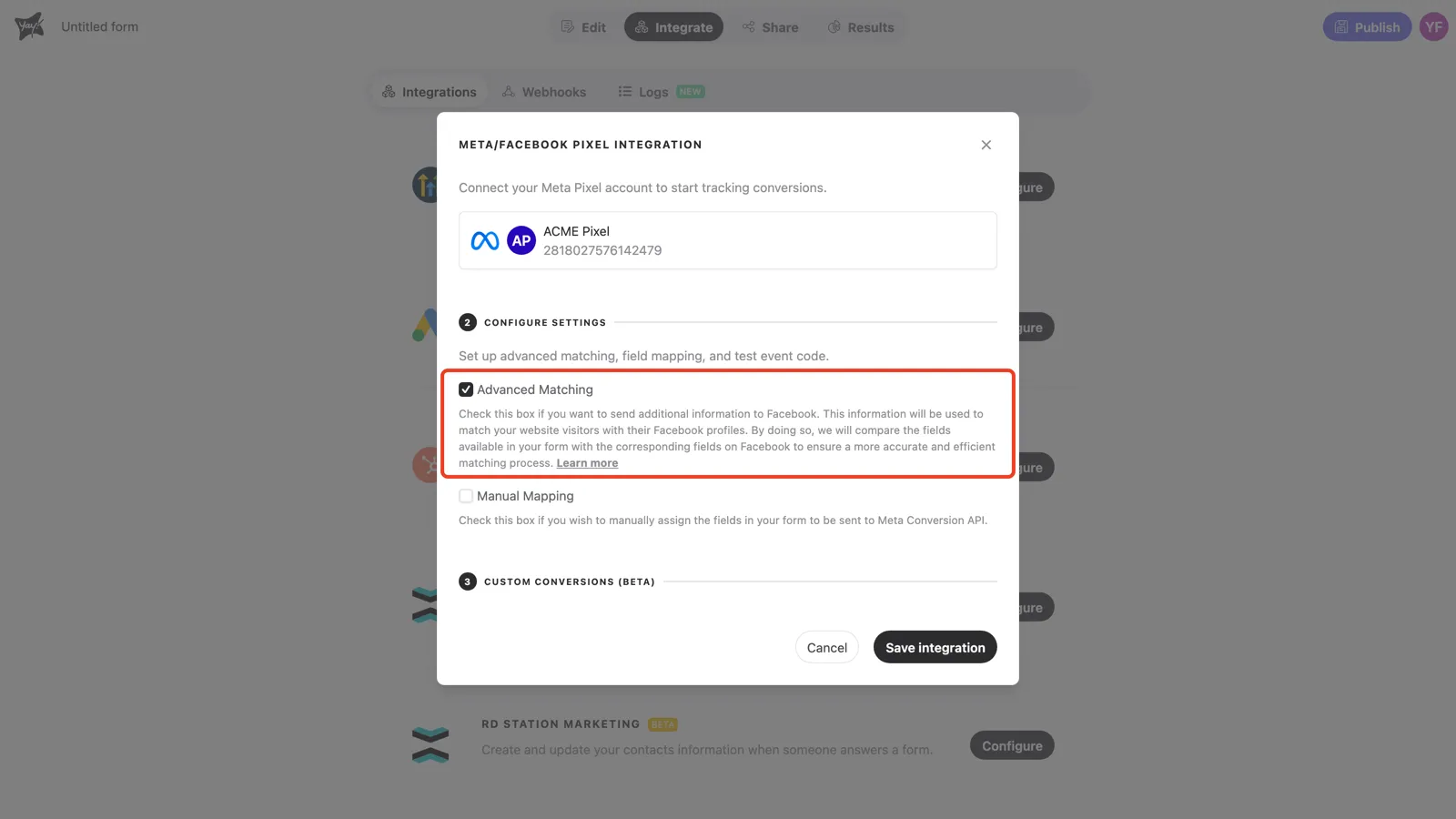 The Advanced Matching checkbox and its explanation in step 2
