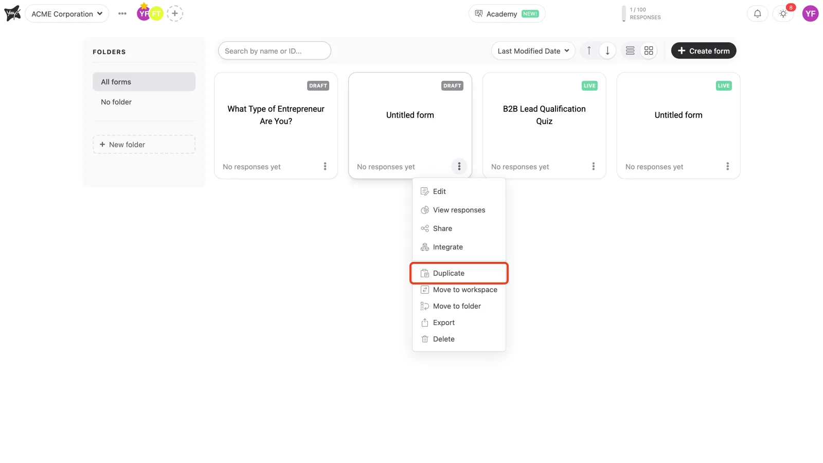 The Duplicate option highlighted in the form menu