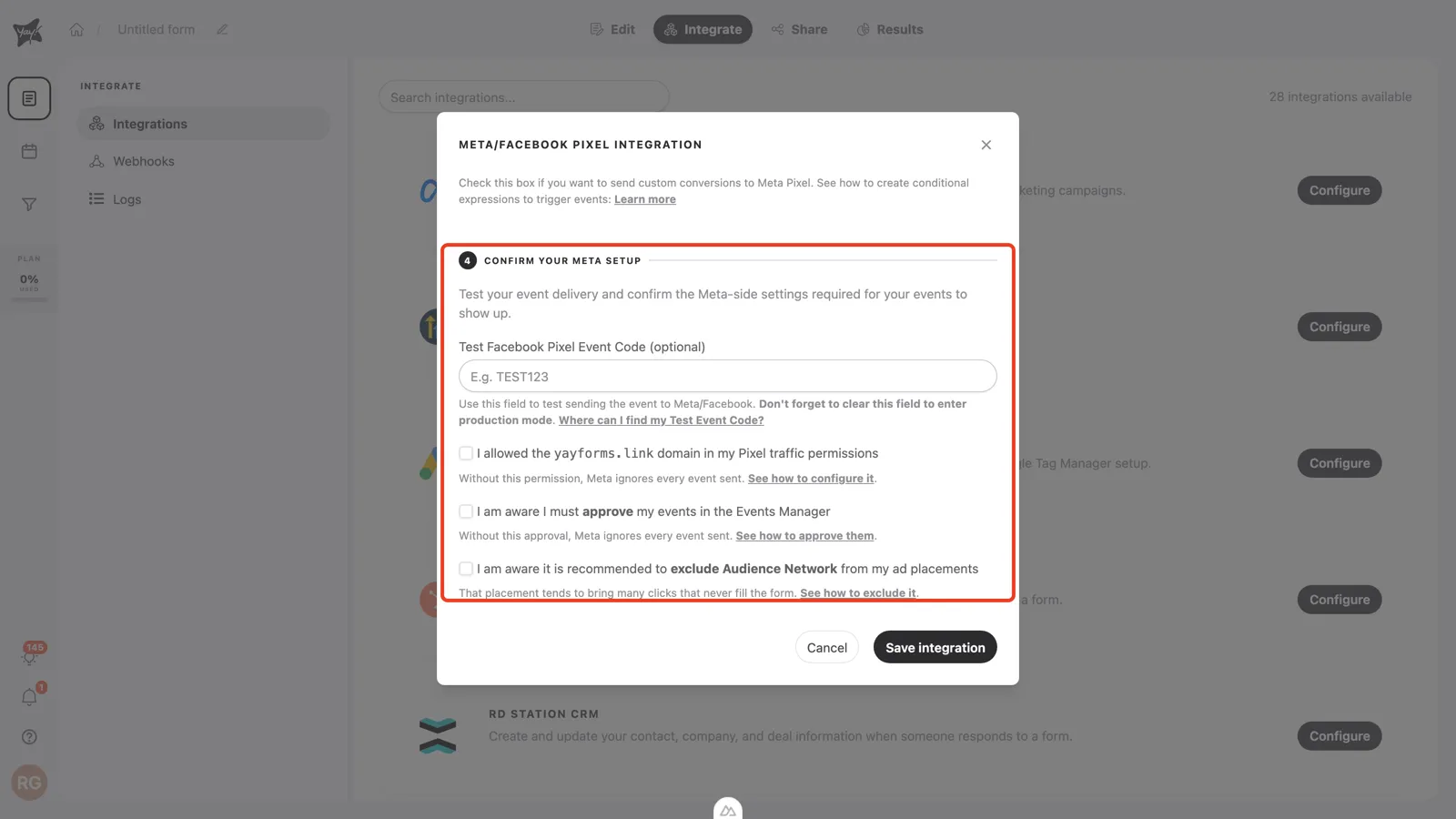The test event code field in the Confirm your Meta setup step