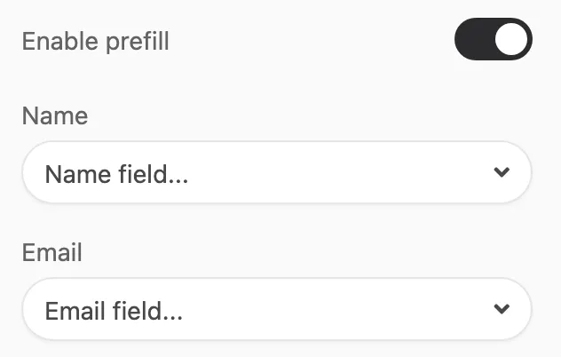 The question panel with Enable prefill turned on and the Name and Email dropdowns visible