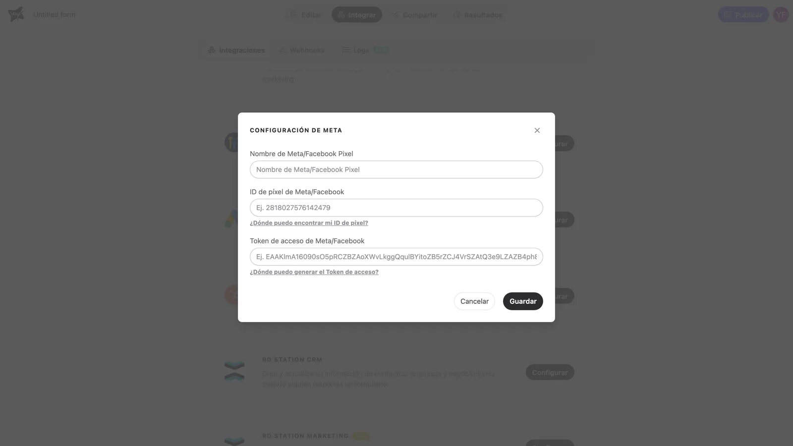 El formulario Configuración de Meta con los campos de nombre, ID del píxel y token de acceso