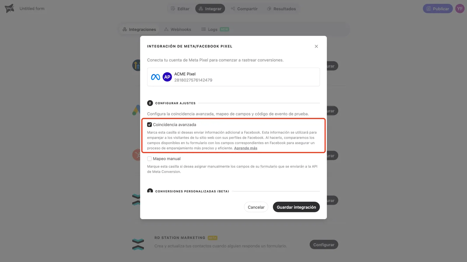 La casilla Coincidencia avanzada y su explicación en el paso 2