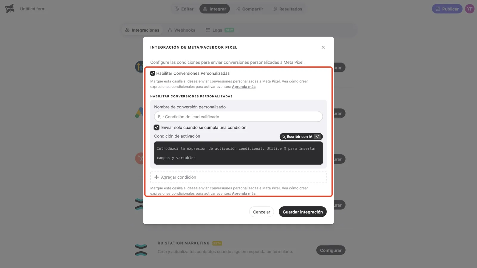 Paso 3 con una tarjeta de conversión personalizada mostrando el campo de nombre, la opción de condición y el editor de condición de activación