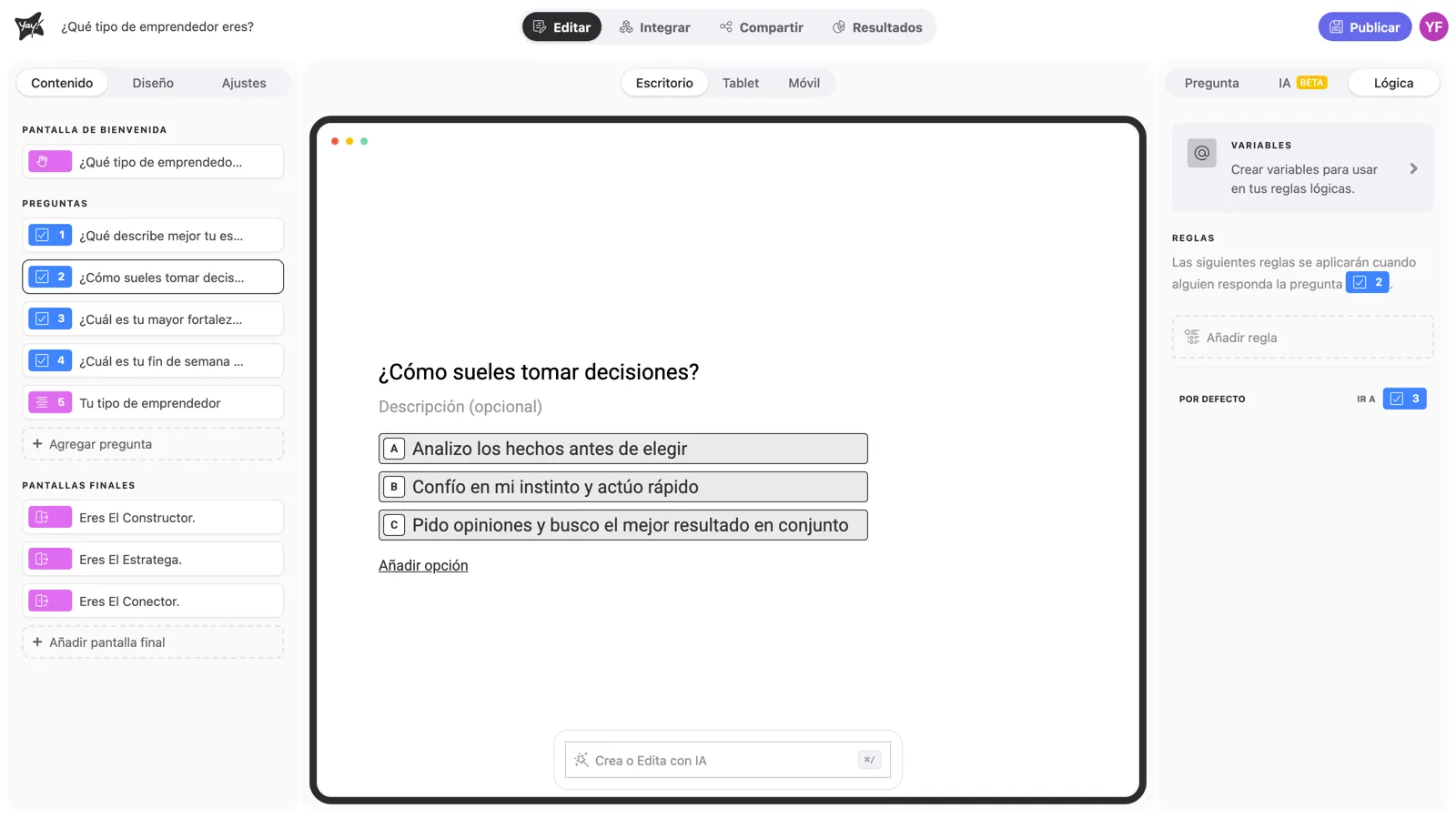 La pestaña Lógica de una pregunta, con Variables, Reglas y la ruta por defecto