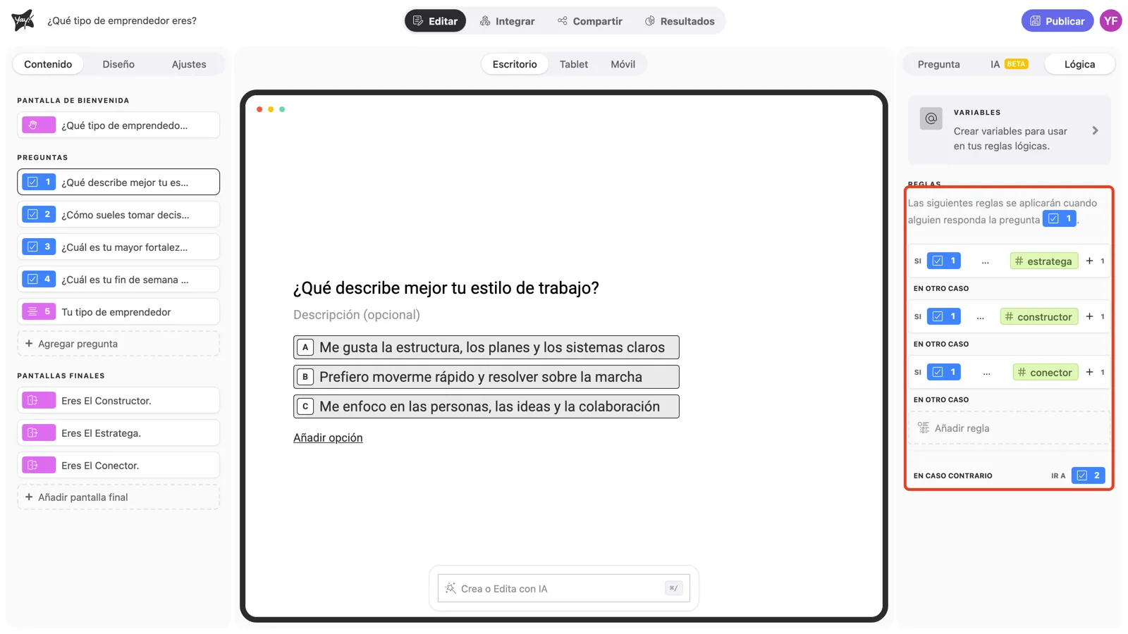 Tres reglas encadenadas en una pregunta, una por perfil